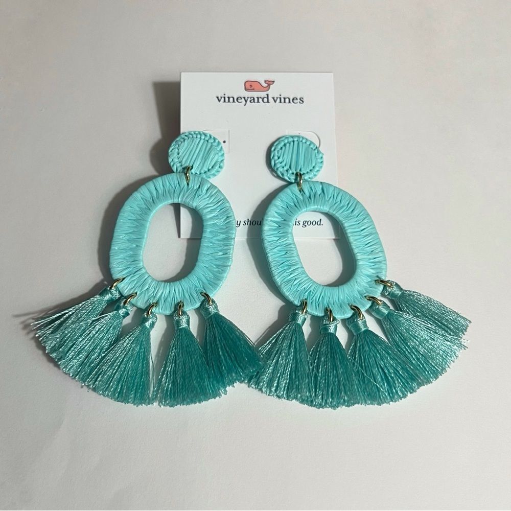 Vineyard Vines Aqua Oval Tassel Drop Earrings Gold Tone Statement Beach